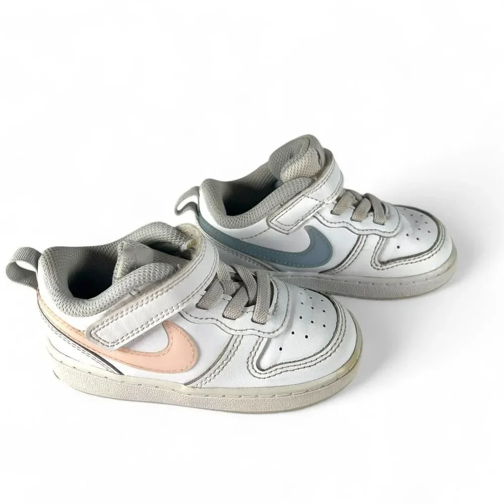 Nike Kids White Sneakers with Blue and Pink Swooshes